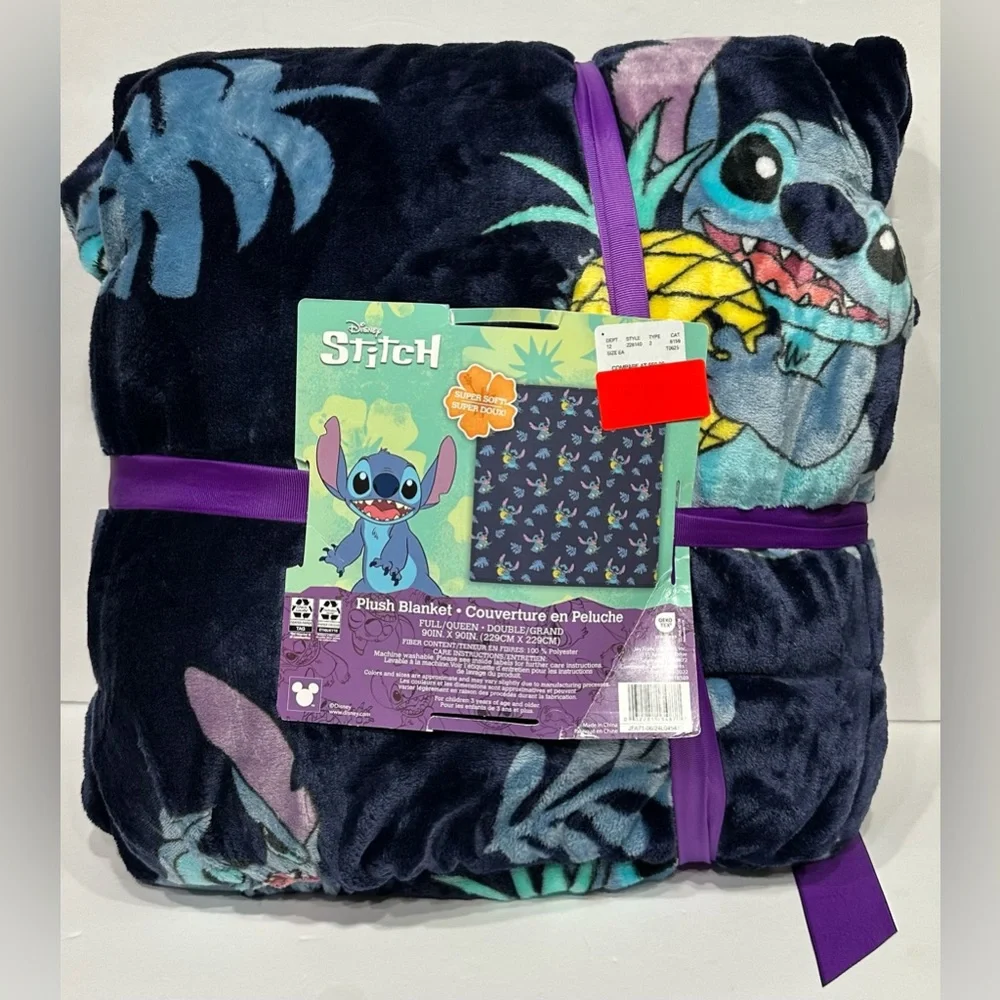 Disney Stitch Pineapple Guitar Soft Plush Dark Blue Blanket Full Queen 90X90 NEW - Picture 5 of 6